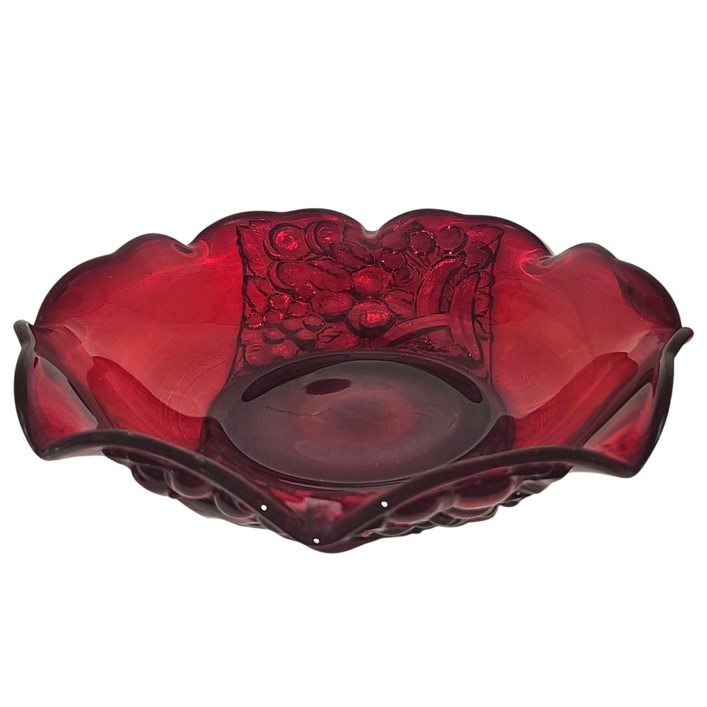 VTG Indiana Glass Deep Ruby Red Glass Ruffled Collar Fruit Bowl Cadmium Glow - Picture 2 of 9